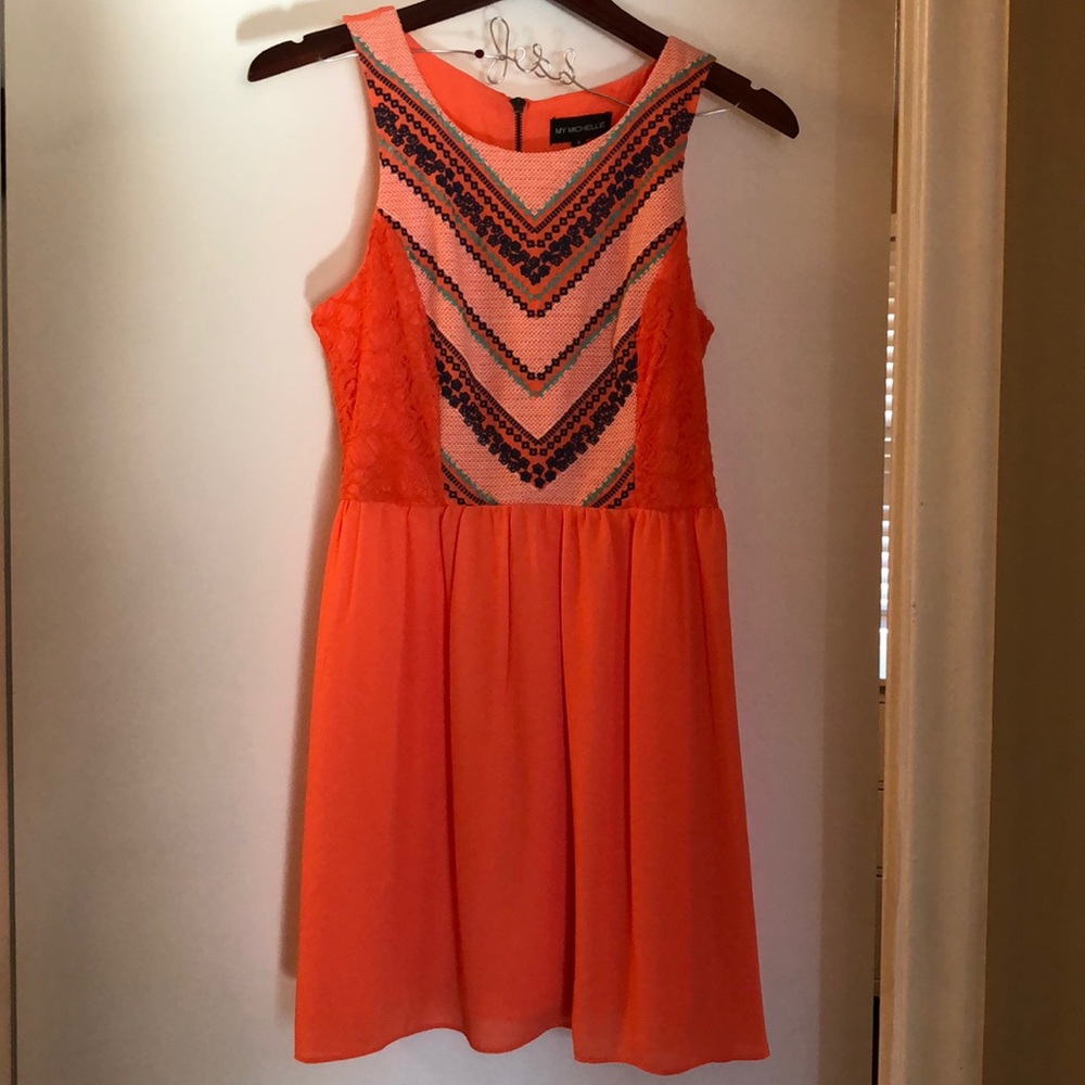 Orange mini dress with Aztec pattern